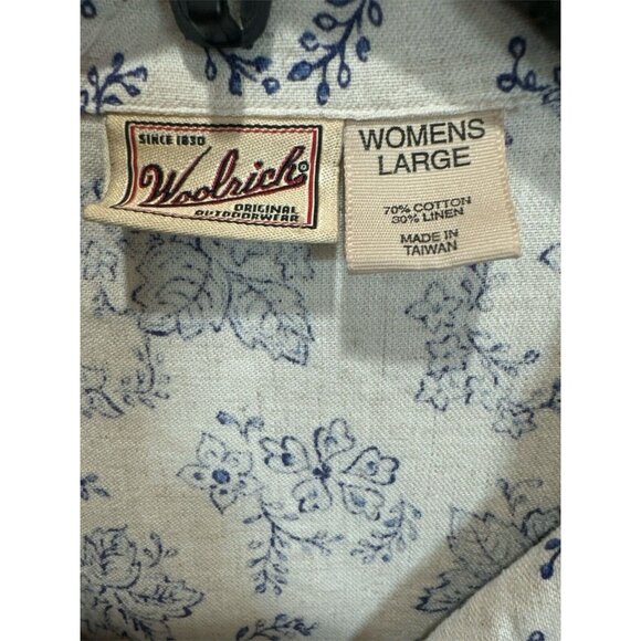 Women's Woolrich Ivory Blue Floral Button Up Shirt Size LG Linen Cotton - Picture 5 of 6